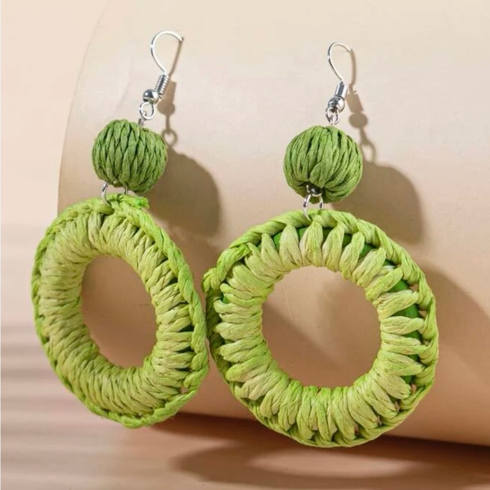 Rattan‎ Round Drop Earrings Green Fiesta Spring Cinco de Mayo FIESTA